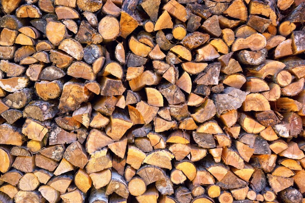 Close-up of a neatly stacked pile of firewood logs showcasing natural textures and colors.